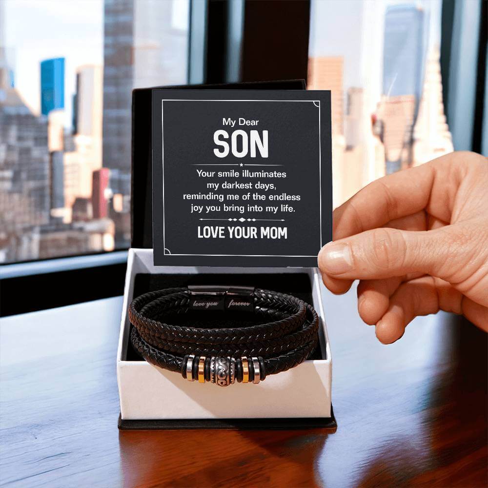 My Son, Your Smile Illuminates - Love You Forever BraceletThe Men's "Love You Forever" Bracelet, engraved with a heartfelt message, is a perfect gift for the special man in your life. A perfect gift to your son.BraceletsMoving Phrases