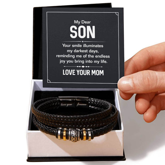 My Son, Your Smile Illuminates - Love You Forever BraceletThe Men's "Love You Forever" Bracelet, engraved with a heartfelt message, is a perfect gift for the special man in your life. A perfect gift to your son.BraceletsMoving Phrases