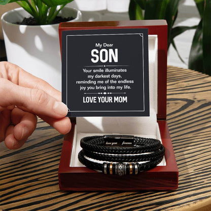 My Son, Your Smile Illuminates - Love You Forever BraceletThe Men's "Love You Forever" Bracelet, engraved with a heartfelt message, is a perfect gift for the special man in your life. A perfect gift to your son.BraceletsMoving Phrases