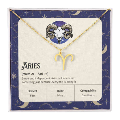 Aries Zodiac Symbol NecklaceImagine her smile when you give her this Zodiac Symbol Necklace. Handcrafted with care, this piece is made from durable stainless steel and optionally dipped in 18k yellow gold and features her unique astrological sign. This wo