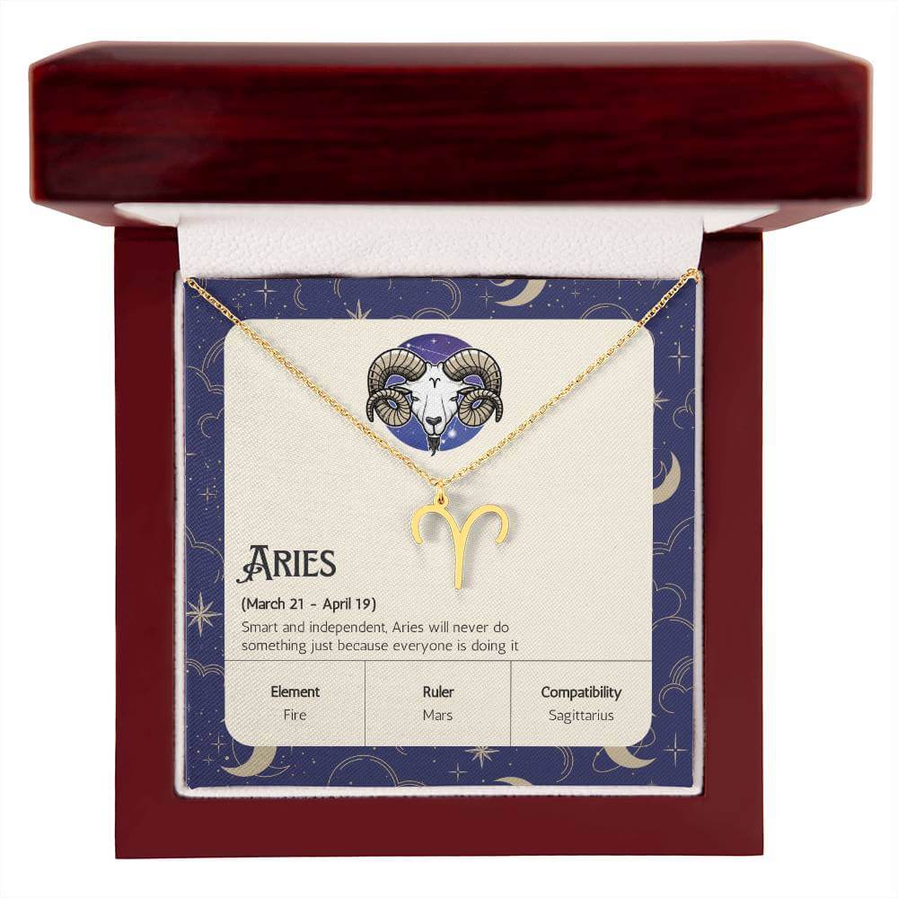 Aries Zodiac Symbol NecklaceImagine her smile when you give her this Zodiac Symbol Necklace. Handcrafted with care, this piece is made from durable stainless steel and optionally dipped in 18k yellow gold and features her unique astrological sign. This wo