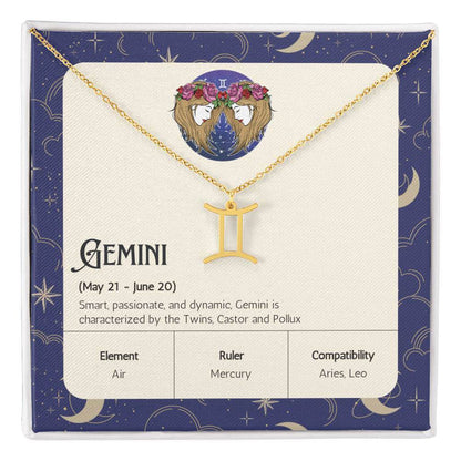 Gemini Zodiac Symbol NecklaceImagine her smile when you give her this Zodiac Name Necklace. Handcrafted with care, this piece is made from durable stainless steel and optionally dipped in 18k yellow gold and features her unique astrological sign. This wou