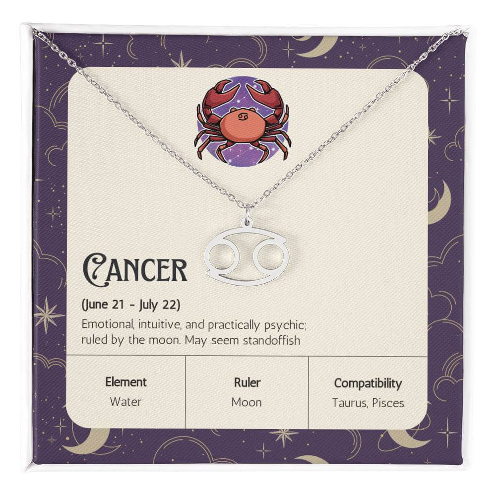 Cancer Zodiac Symbol NecklaceImagine her smile when you give her this Zodiac Name Necklace. Handcrafted with care, this piece is made from durable stainless steel and optionally dipped in 18k yellow gold and features her unique astrological sign. This wou