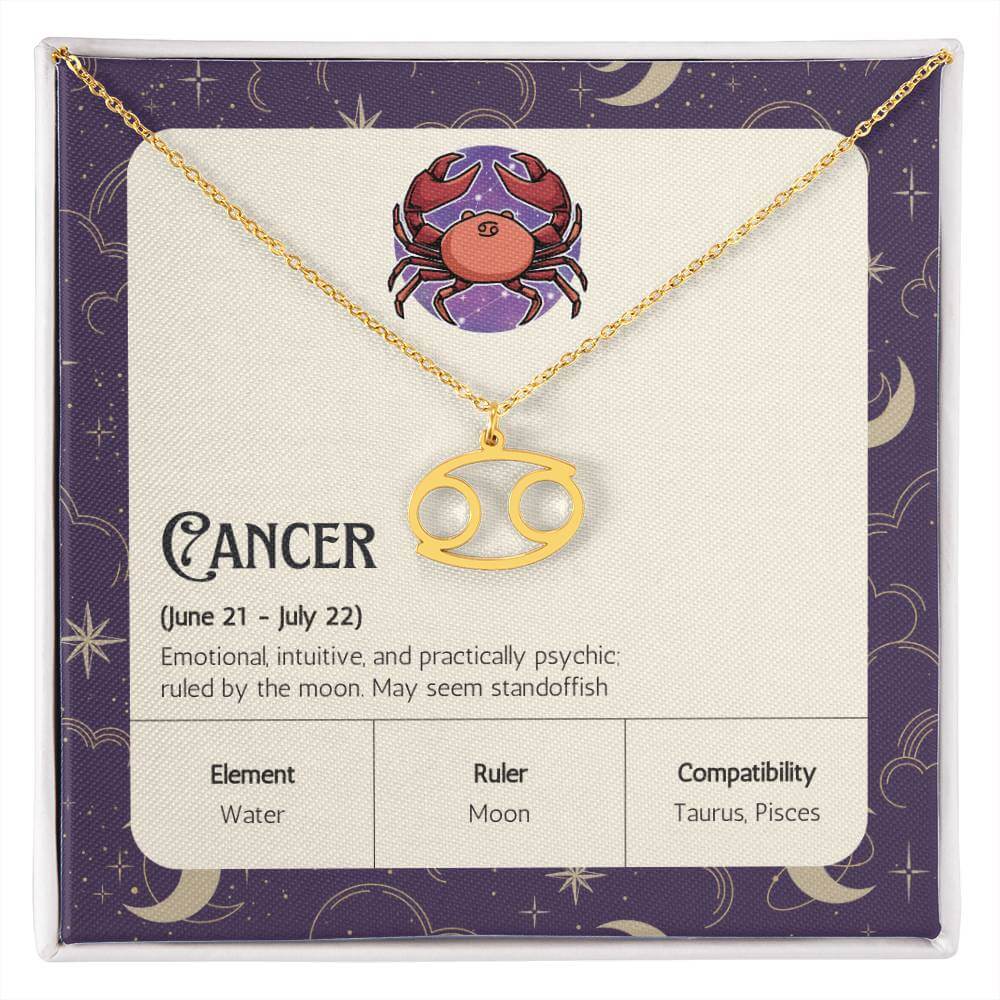 Cancer Zodiac Symbol NecklaceImagine her smile when you give her this Zodiac Name Necklace. Handcrafted with care, this piece is made from durable stainless steel and optionally dipped in 18k yellow gold and features her unique astrological sign. This wou