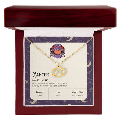 Cancer Zodiac Symbol NecklaceImagine her smile when you give her this Zodiac Name Necklace. Handcrafted with care, this piece is made from durable stainless steel and optionally dipped in 18k yellow gold and features her unique astrological sign. This wou