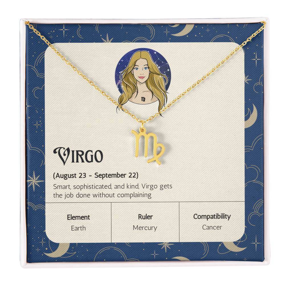 Virgo Zodiac Symbol NecklaceImagine her smile when you give her this Zodiac Symbol Necklace. Handcrafted with care, this piece is made from durable stainless steel and optionally dipped in 18k yellow gold and features her unique astrological sign. This wo