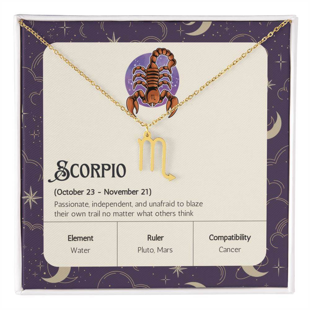 Scorpio Zodiac Symbol NecklaceImagine her smile when you give her this Zodiac Symbol Necklace. Handcrafted with care, this piece is made from durable stainless steel and optionally dipped in 18k yellow gold and features her unique astrological sign. This