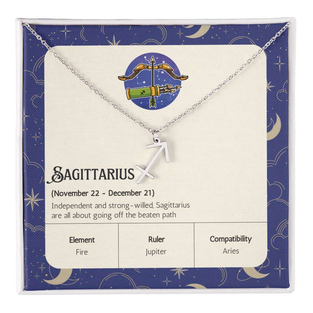 Sagittarius Zodiac Symbol NecklaceImagine her smile when you give her this Zodiac Symbol Necklace. Handcrafted with care, this piece is made from durable stainless steel and optionally dipped in 18k yellow gold and features her unique astrological sign. T