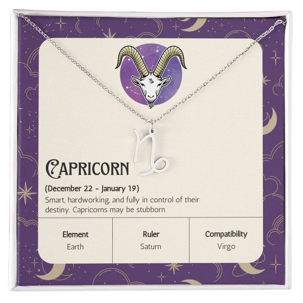 Capricorn Zodiac Symbol NecklaceImagine her smile when you give her this Zodiac Symbol Necklace. Handcrafted with care, this piece is made from durable stainless steel and optionally dipped in 18k yellow gold and features her unique astrological sign. Thi