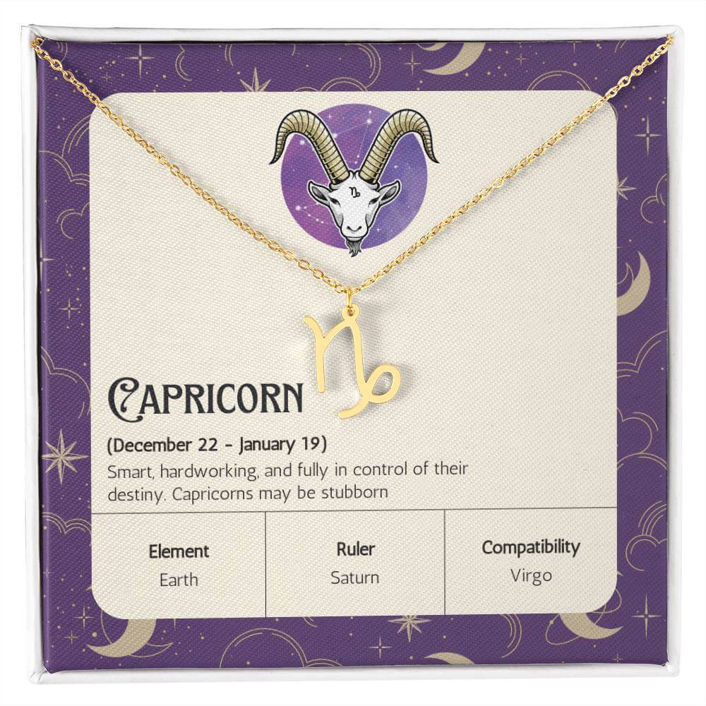 Capricorn Zodiac Symbol NecklaceImagine her smile when you give her this Zodiac Symbol Necklace. Handcrafted with care, this piece is made from durable stainless steel and optionally dipped in 18k yellow gold and features her unique astrological sign. Thi