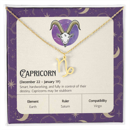 Capricorn Zodiac Symbol NecklaceImagine her smile when you give her this Zodiac Symbol Necklace. Handcrafted with care, this piece is made from durable stainless steel and optionally dipped in 18k yellow gold and features her unique astrological sign. Thi