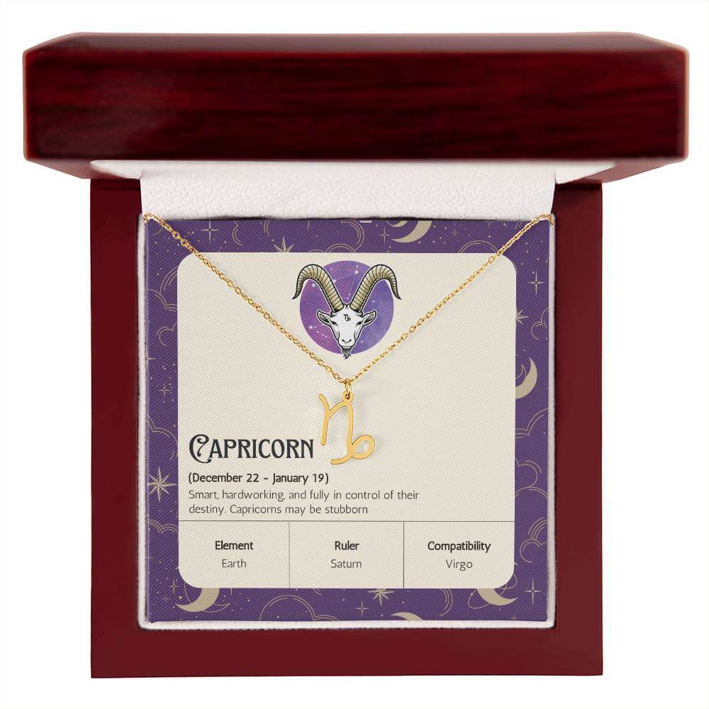 Capricorn Zodiac Symbol NecklaceImagine her smile when you give her this Zodiac Symbol Necklace. Handcrafted with care, this piece is made from durable stainless steel and optionally dipped in 18k yellow gold and features her unique astrological sign. Thi