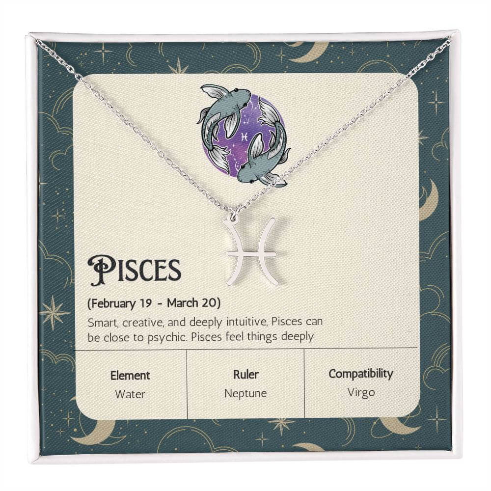 Pisces Zodiac Symbol NecklaceImagine her smile when you give her this Zodiac Symbol Necklace. Handcrafted with care, this piece is made from durable stainless steel and optionally dipped in 18k yellow gold and features her unique astrological sign. This w