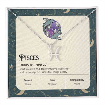 Pisces Zodiac Symbol NecklaceImagine her smile when you give her this Zodiac Symbol Necklace. Handcrafted with care, this piece is made from durable stainless steel and optionally dipped in 18k yellow gold and features her unique astrological sign. This w