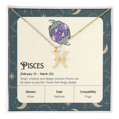 Pisces Zodiac Symbol NecklaceImagine her smile when you give her this Zodiac Symbol Necklace. Handcrafted with care, this piece is made from durable stainless steel and optionally dipped in 18k yellow gold and features her unique astrological sign. This w