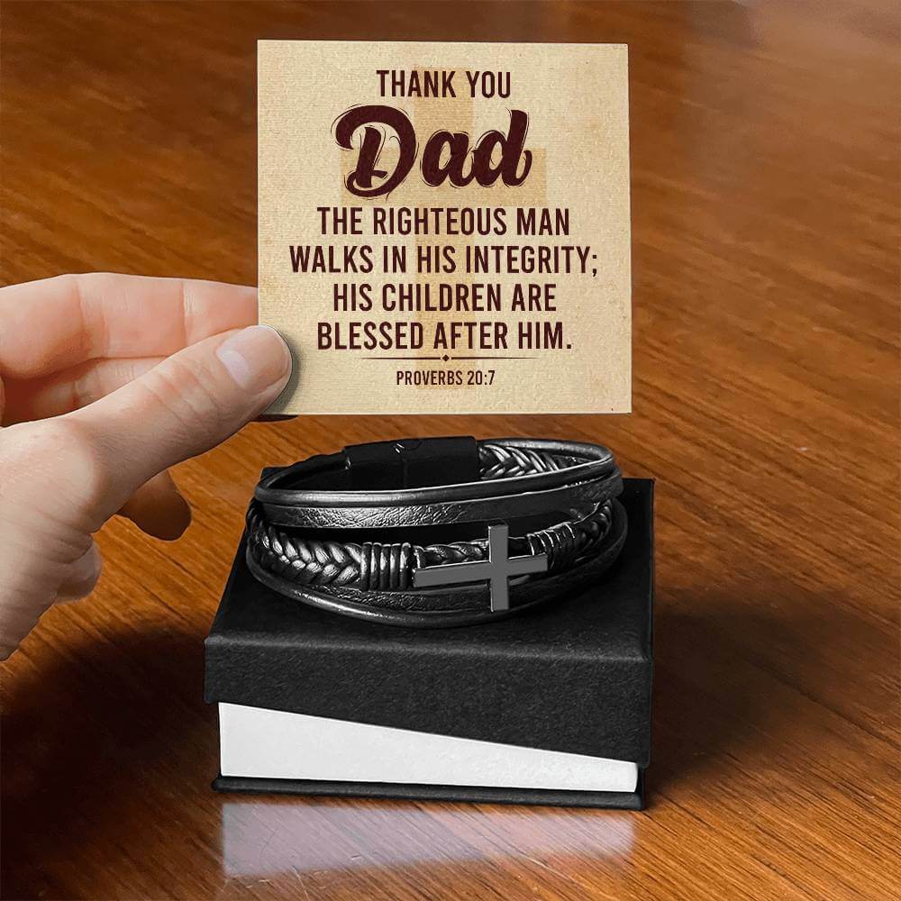 'Thank You Dad' Cross BraceletThe Men's Cross Leather Bracelet, crafted with braided vegan leather, is a perfect gift to express love on special occasions. Perfect gift to your dad.BraceletsMoving Phrases