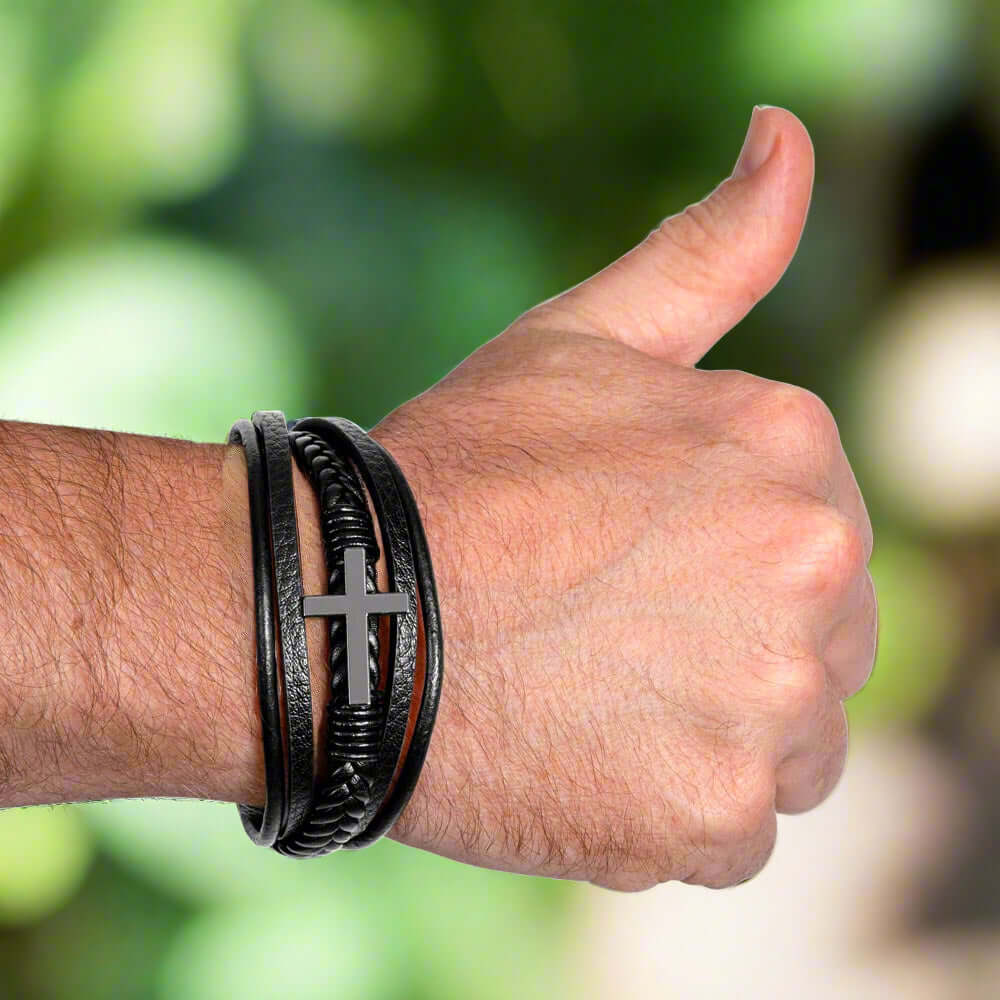 'Thank You Dad' Cross BraceletThe Men's Cross Leather Bracelet, crafted with braided vegan leather, is a perfect gift to express love on special occasions. Perfect gift to your dad.BraceletsMoving Phrases