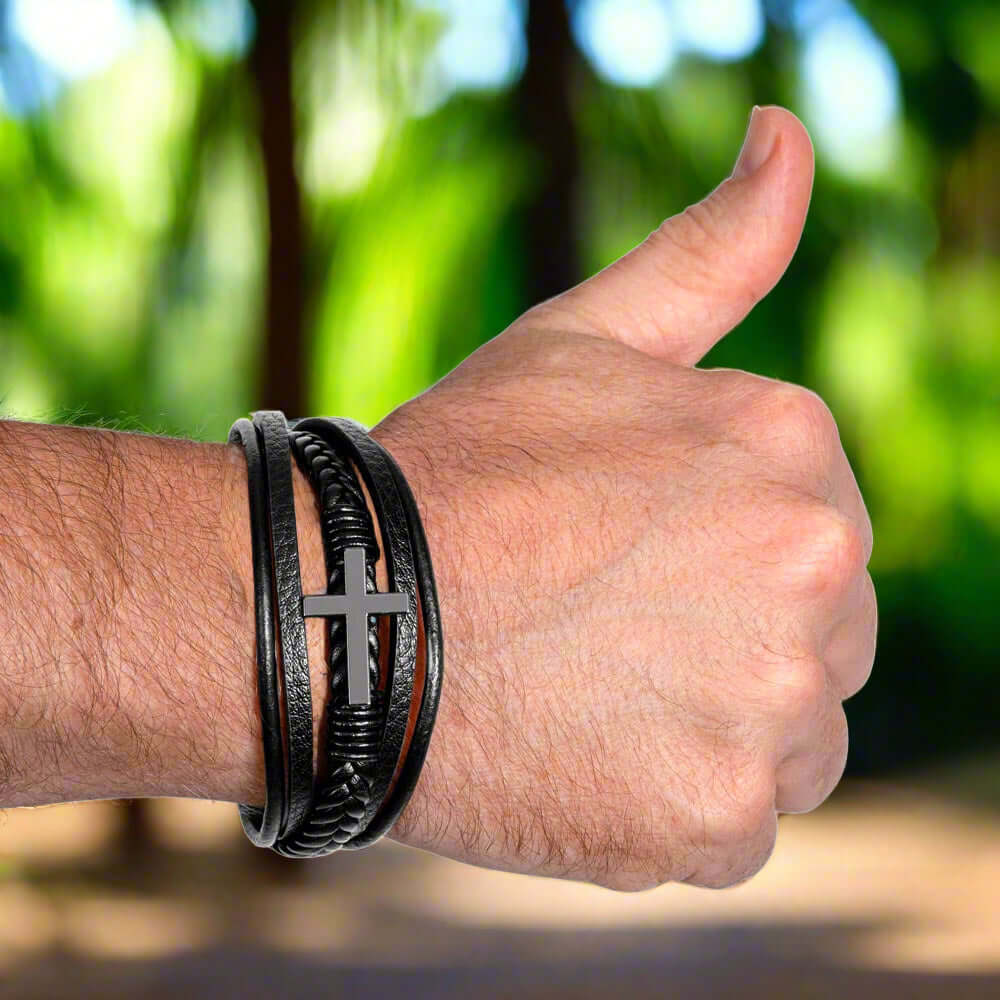 To My Man, My Love, My One and Only - Cross BraceletThe Men's Cross Leather Bracelet, crafted with braided vegan leather, is a perfect gift to express love on special occasions. Comes with a loving message.BraceletsMoving Phrases