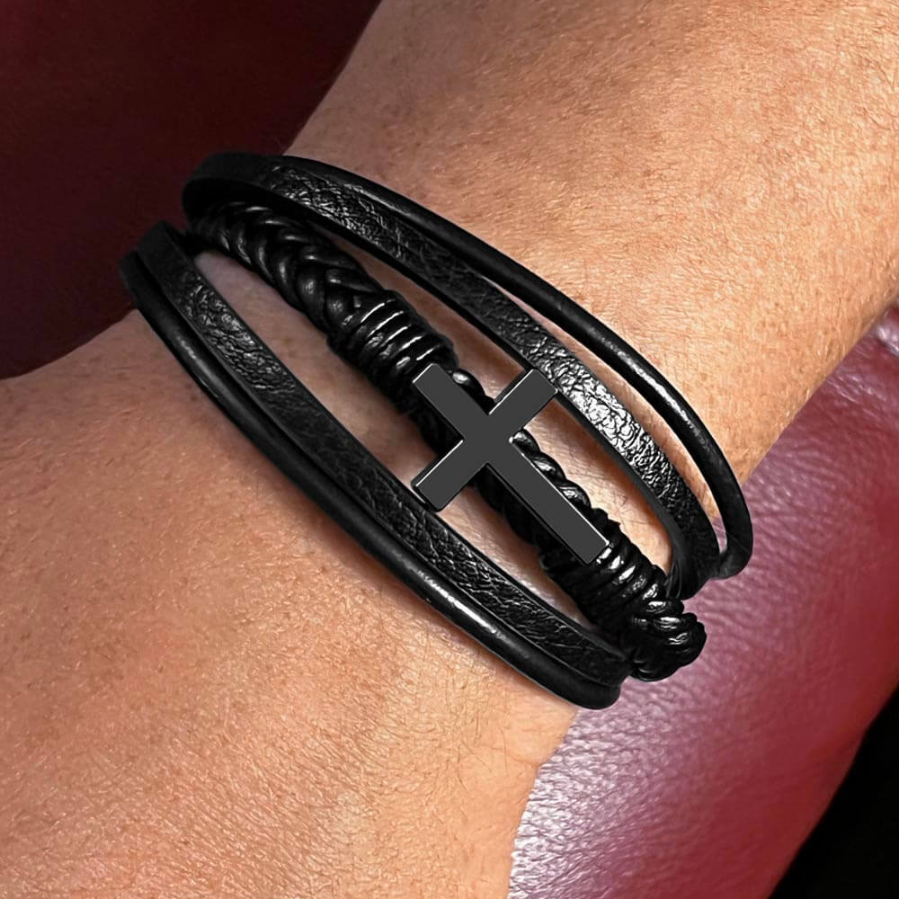 'Thank You Dad' Cross BraceletThe Men's Cross Leather Bracelet, crafted with braided vegan leather, is a perfect gift to express love on special occasions. Perfect gift to your dad.BraceletsMoving Phrases