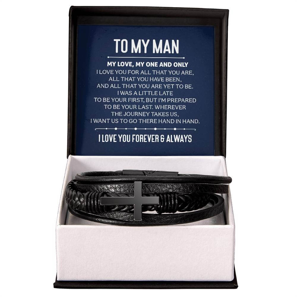 To My Man, My Love, My One and Only - Cross BraceletThe Men's Cross Leather Bracelet, crafted with braided vegan leather, is a perfect gift to express love on special occasions. Comes with a loving message.BraceletsMoving Phrases