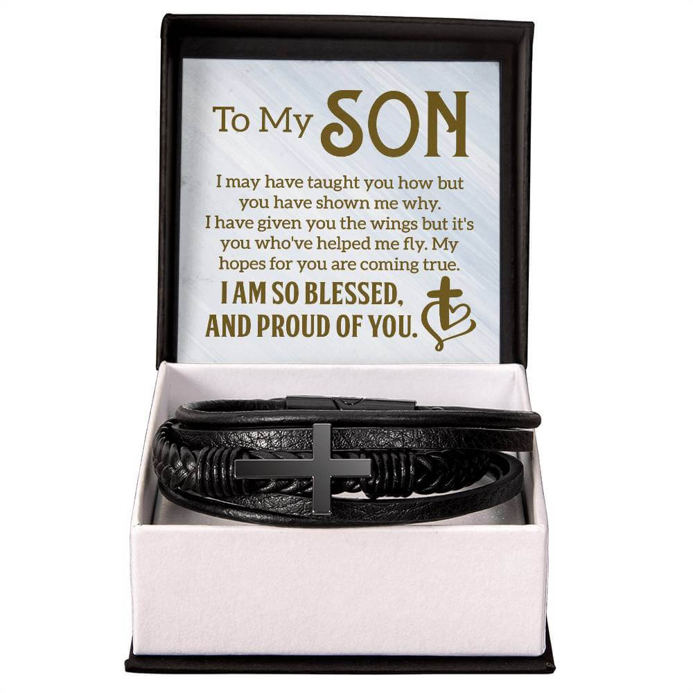 To My Son, I may have taught you - Cross BraceletThe Men's Cross Leather Bracelet, crafted with braided vegan leather, is a perfect gift to express love on special occasions. A perfect gift to your son.BraceletsMoving Phrases