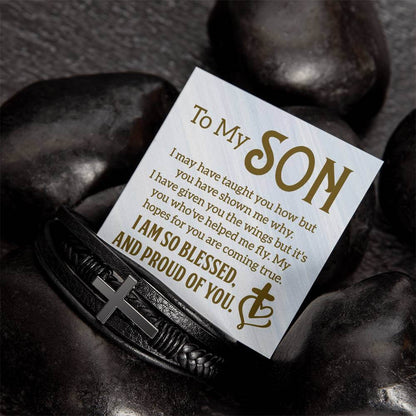 To My Son, I may have taught you - Cross BraceletThe Men's Cross Leather Bracelet, crafted with braided vegan leather, is a perfect gift to express love on special occasions. A perfect gift to your son.BraceletsMoving Phrases