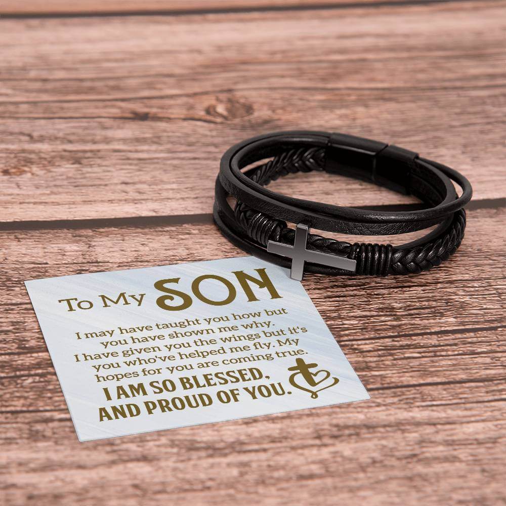 To My Son, I may have taught you - Cross BraceletThe Men's Cross Leather Bracelet, crafted with braided vegan leather, is a perfect gift to express love on special occasions. A perfect gift to your son.BraceletsMoving Phrases