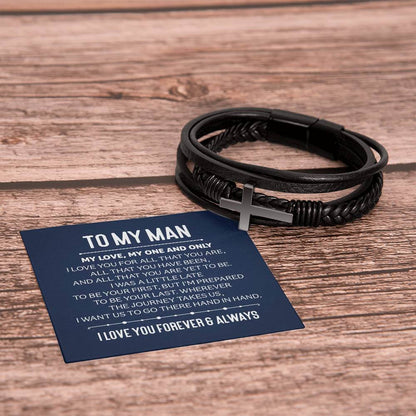 To My Man, My Love, My One and Only - Cross BraceletThe Men's Cross Leather Bracelet, crafted with braided vegan leather, is a perfect gift to express love on special occasions. Comes with a loving message.BraceletsMoving Phrases