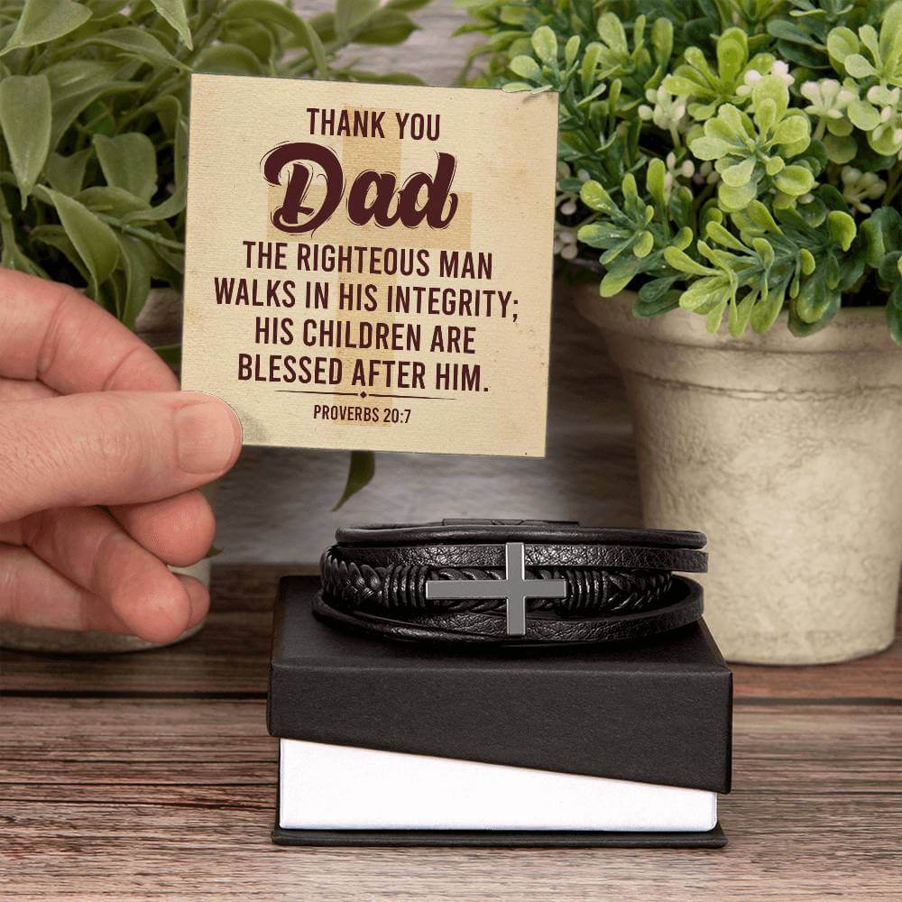 'Thank You Dad' Cross BraceletThe Men's Cross Leather Bracelet, crafted with braided vegan leather, is a perfect gift to express love on special occasions. Perfect gift to your dad.BraceletsMoving Phrases