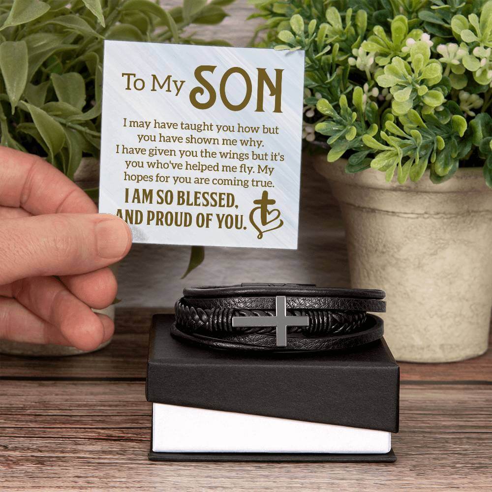 To My Son, I may have taught you - Cross BraceletThe Men's Cross Leather Bracelet, crafted with braided vegan leather, is a perfect gift to express love on special occasions. A perfect gift to your son.BraceletsMoving Phrases