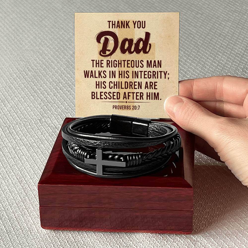 'Thank You Dad' Cross BraceletThe Men's Cross Leather Bracelet, crafted with braided vegan leather, is a perfect gift to express love on special occasions. Perfect gift to your dad.BraceletsMoving Phrases