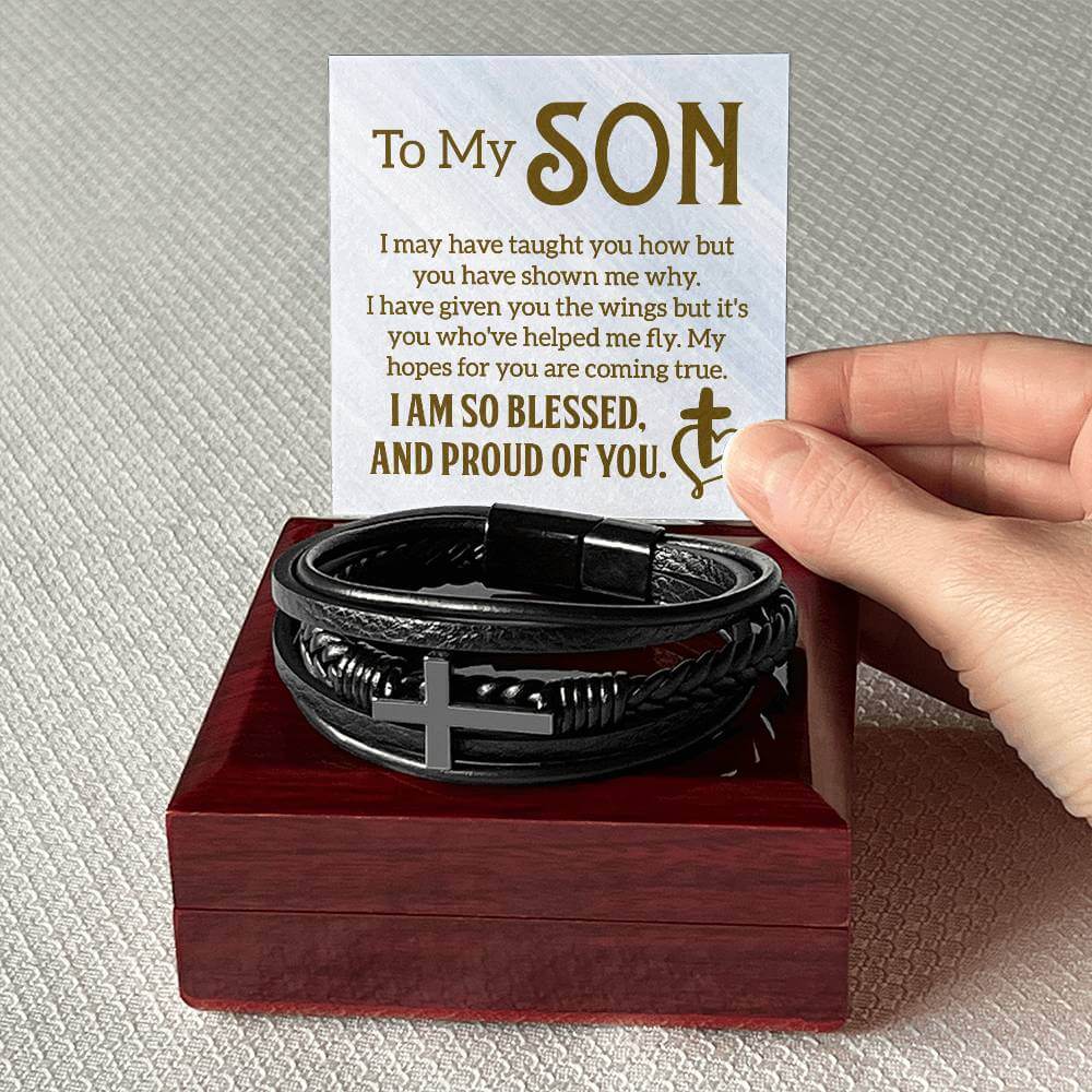 To My Son, I may have taught you - Cross BraceletThe Men's Cross Leather Bracelet, crafted with braided vegan leather, is a perfect gift to express love on special occasions. A perfect gift to your son.BraceletsMoving Phrases