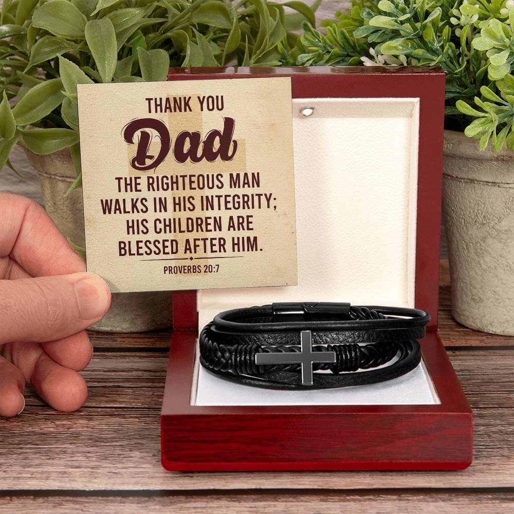 'Thank You Dad' Cross BraceletThe Men's Cross Leather Bracelet, crafted with braided vegan leather, is a perfect gift to express love on special occasions. Perfect gift to your dad.BraceletsMoving Phrases