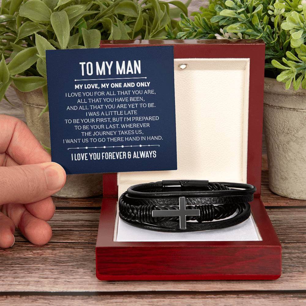 To My Man, My Love, My One and Only - Cross BraceletThe Men's Cross Leather Bracelet, crafted with braided vegan leather, is a perfect gift to express love on special occasions. Comes with a loving message.BraceletsMoving Phrases