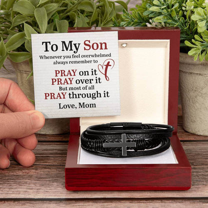 To My Son, Whenever you feel overwhelmed - Cross BraceletThe Men's Cross Leather Bracelet, crafted with braided vegan leather, is a perfect gift to express love on special occasions. A perfect gift to your son.BraceletsMoving Phrases