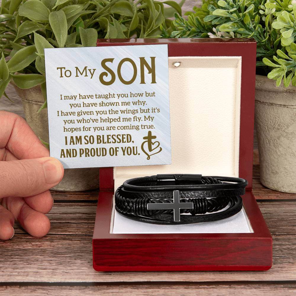 To My Son, I may have taught you - Cross BraceletThe Men's Cross Leather Bracelet, crafted with braided vegan leather, is a perfect gift to express love on special occasions. A perfect gift to your son.BraceletsMoving Phrases