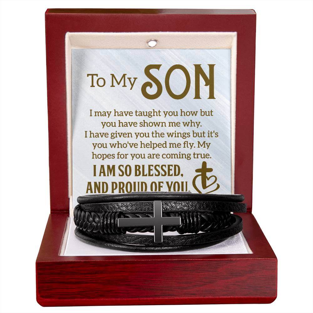 To My Son, I may have taught you - Cross BraceletThe Men's Cross Leather Bracelet, crafted with braided vegan leather, is a perfect gift to express love on special occasions. A perfect gift to your son.BraceletsMoving Phrases