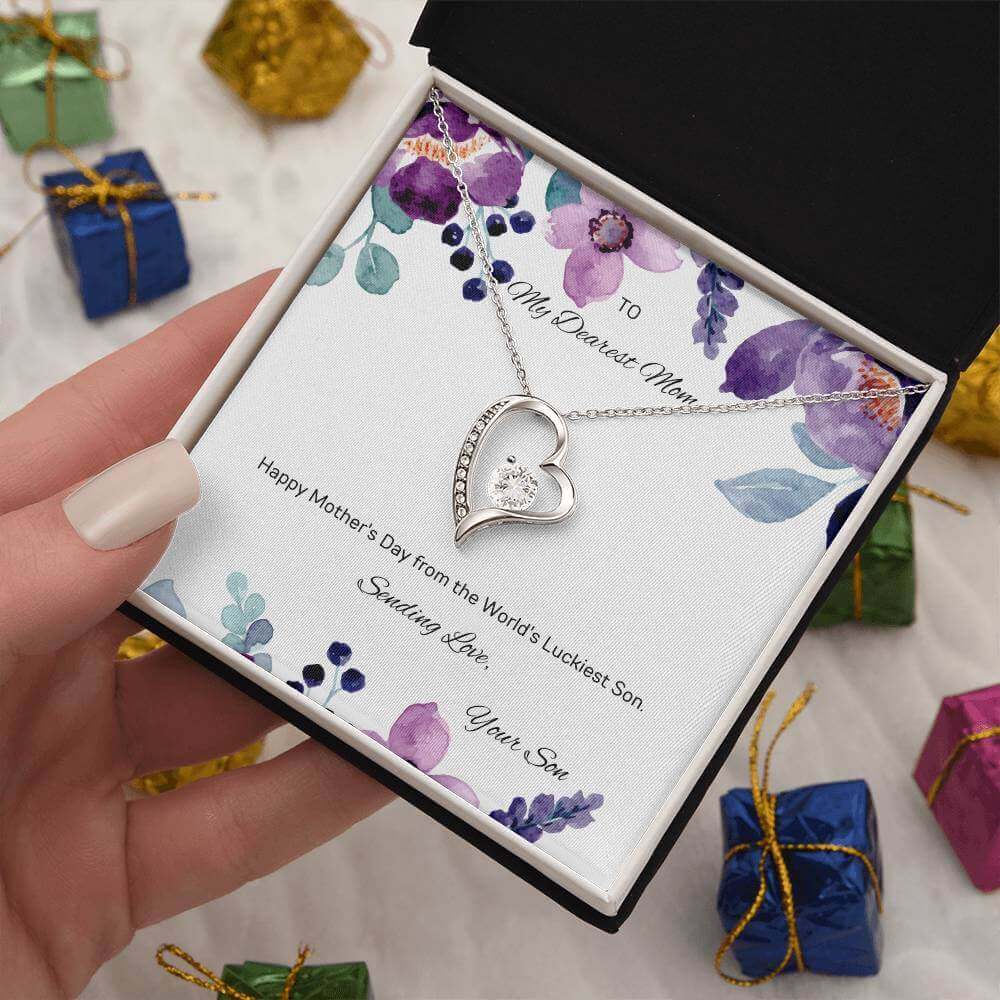 Happy Mother's Day from the World's Luckiest Son-4ever LoveWishing Mother's Day from the luckiest son. The Forever Love Necklace with a 6.5mm CZ crystal heart pendant will make her heart melt!Moving Phrases