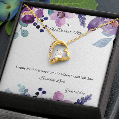 Happy Mother's Day from the World's Luckiest Son-4ever LoveWishing Mother's Day from the luckiest son. The Forever Love Necklace with a 6.5mm CZ crystal heart pendant will make her heart melt!Moving Phrases