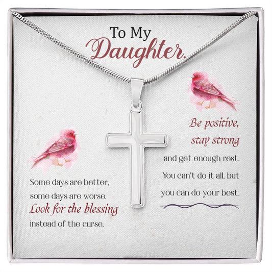 Stainless steel cross necklace gift for daughter with inspirational message and red bird design, perfect for any occasion.