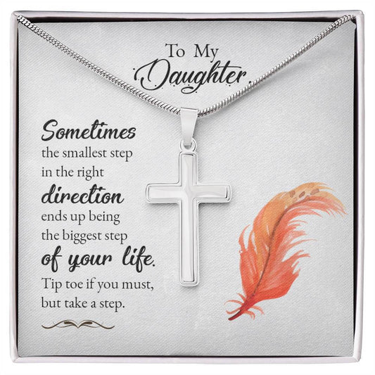 Stainless steel cross necklace with inspirational message card for daughter, featuring a motivational quote and feather design.