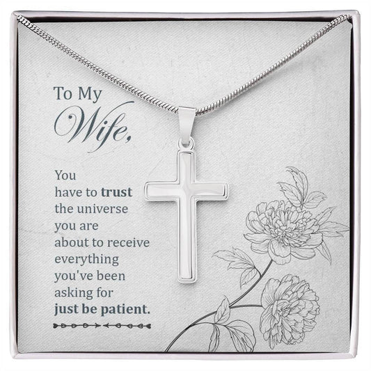 Stainless Steel Cross Necklace with message card for wife featuring inspirational quote about trust and patience.