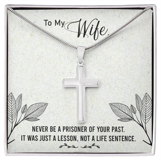 Stainless Steel Cross Necklace with heartfelt message for wife, inspiring love and resilience. Thoughtful gift idea.