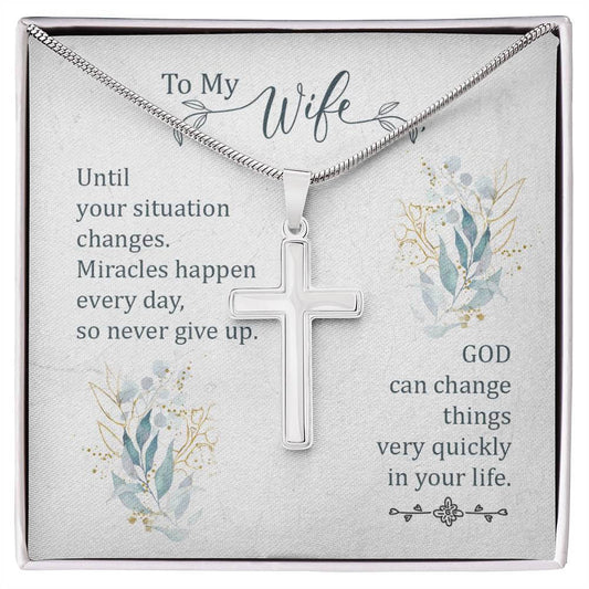 Stainless Steel Cross Necklace with an inspirational message card for wife, highlighting faith and positive change through prayer.