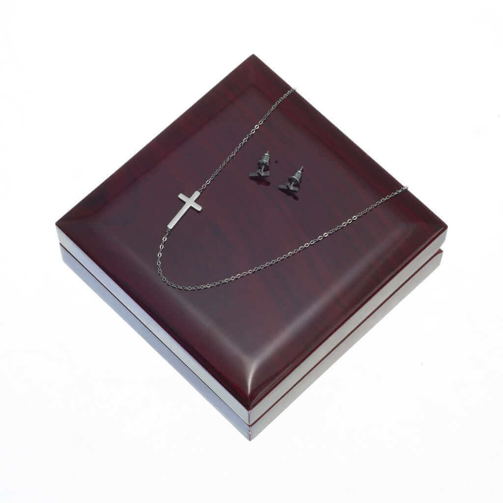 To My Wife, I choose you - Sideways Cross Necklace and Earring SetThis message card says: To My Wife, I choose you. And I'll choose you over and over and over. Without pause, without doubt, in a heartbeat, I'll keep choosing you. I love you and I will lov